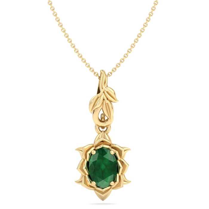 3/4 Carat Oval Shape Emerald Necklaces W/ Ornate Vine Design In 14K Yellow Gold (4.4 G), 18 Inch Chain By SuperJeweler