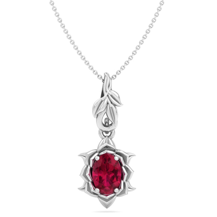 1 Carat Oval Shape Ruby Ornate Necklace In 14K White Gold (4.4 G), 18 Inch Chain By SuperJeweler