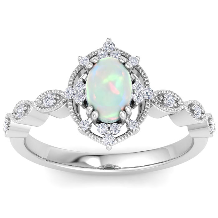 1 Carat Opal Ring W/ Fancy Halo Diamonds In 14K White Gold (3 G), I-J, Size 4 By SuperJeweler