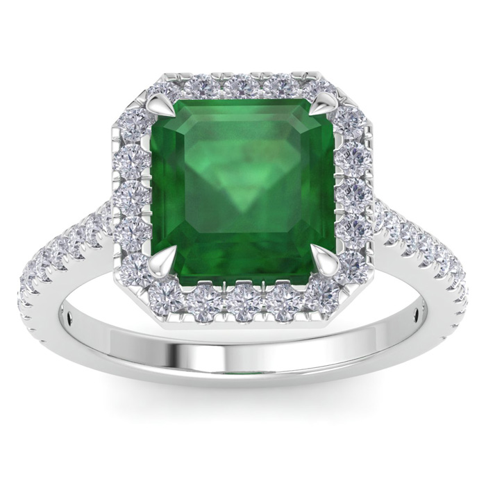 4.41 Carat Corner Cut Square Shape Zambian Emerald Cut & Halo 40 Diamond Ring in 14K White Gold (5 g)  Size 4 by SuperJeweler