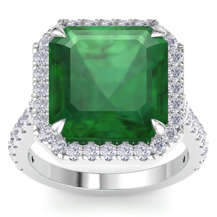 11.69 Carat Corner Cut Square Shape Zambian Emerald Cut & Halo 46 Diamond Ring in 14K White Gold (6.2 g)  Size 9.5 by SuperJeweler