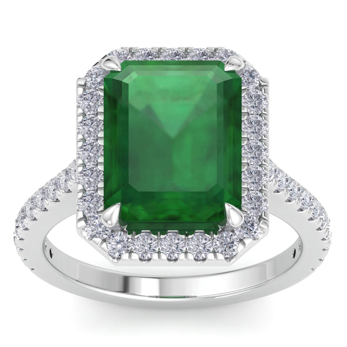 6.35 Carat Octagon Shape Zambian Emerald Cut & Halo 44 Diamond Ring in 14K White Gold (5.6 g)  Size 9.5 by SuperJeweler