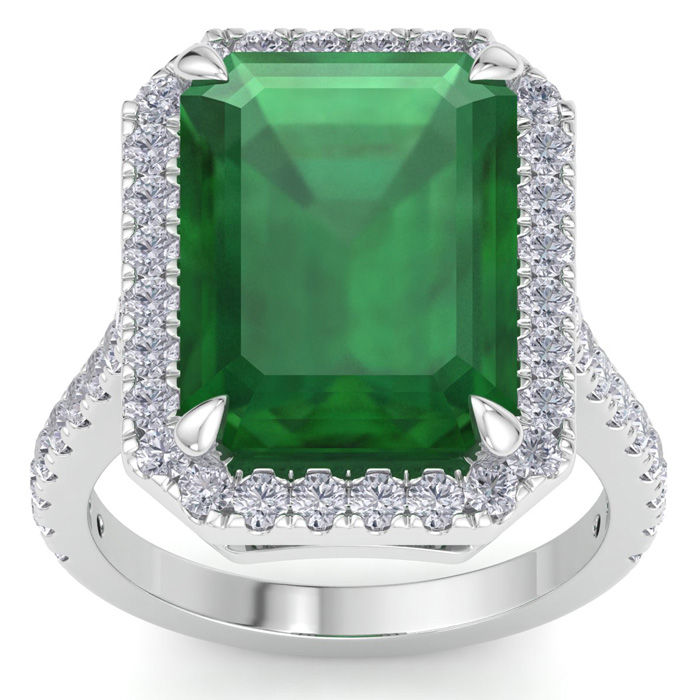 9.95 Carat Octagon Shape Zambian Emerald Cut & Halo 46 Diamond Ring in 14K White Gold (6.6 g)  Size 5.5 by SuperJeweler