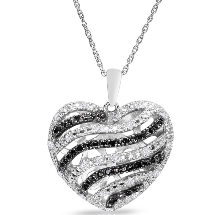 1/4 Carat Black & White Diamond Heart Necklace In Sterling Silver, 18 Inches (J-K, I2) By SuperJeweler