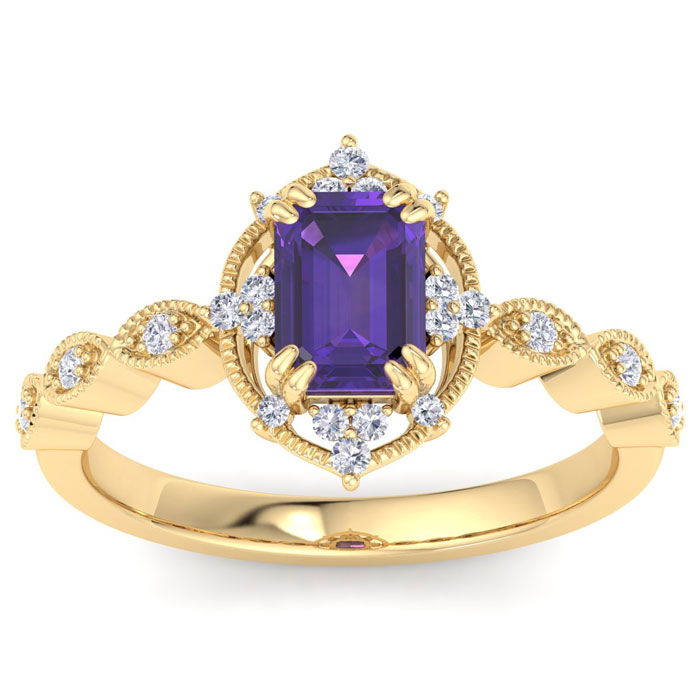 1 Carat Amethyst & Halo 22 Diamond Ring In 14K Yellow Gold (3 G), I-J, Size 4 By SuperJeweler