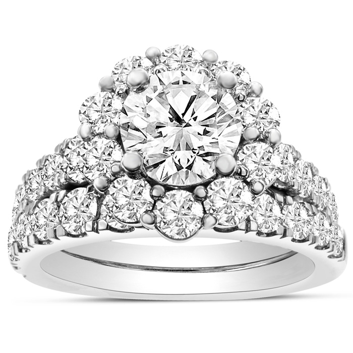 3 Carat Halo Lab Grown Diamond Bridal Ring Set in 14K White Gold 