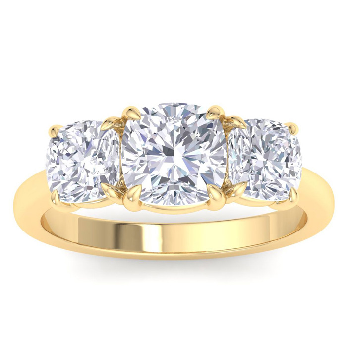 4 Carat Cushion Cut Lab Grown Diamond Three Stone Engagement Ring in 14K Yellow Gold (4.6 g) (1 Color  VS2)  Size 7.5 by SuperJeweler