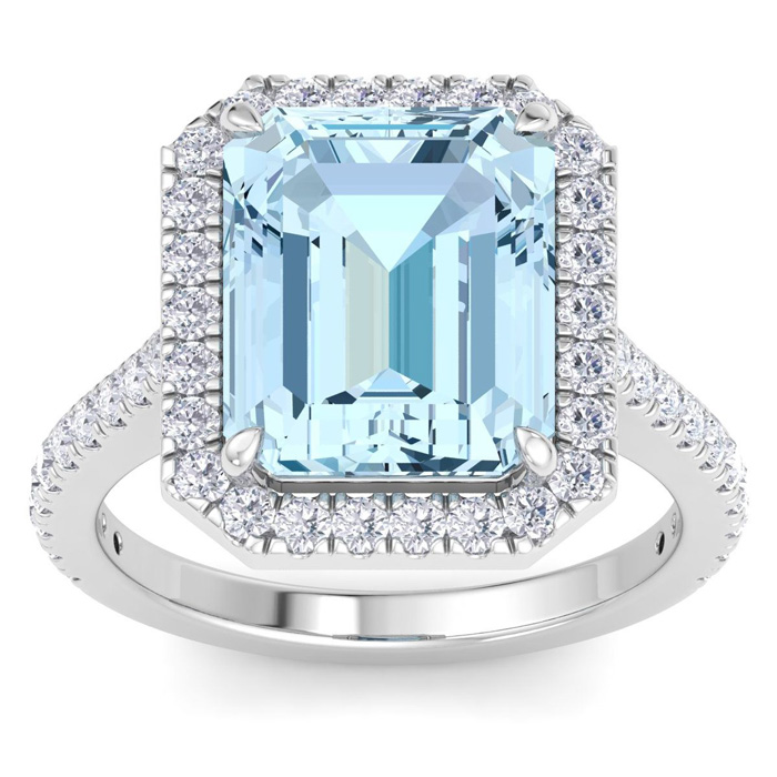 6 Carat Octagon Shape Aquamarine & Halo 46 Diamond Ring in 14K White Gold (5.5 g)  Size 5 by SuperJeweler