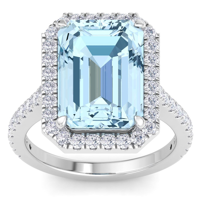 7 1/3 Carat Octagon Shape Aquamarine & Halo 48 Diamond Ring in 14K White Gold (5.6 g)  Size 8.5 by SuperJeweler