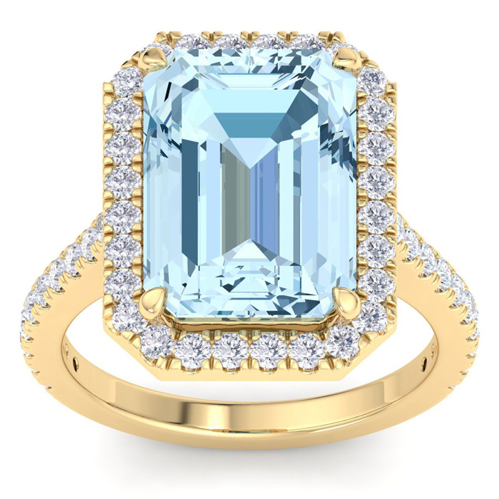 7 1/3 Carat Octagon Shape Aquamarine & Halo 48 Diamond Ring in 14