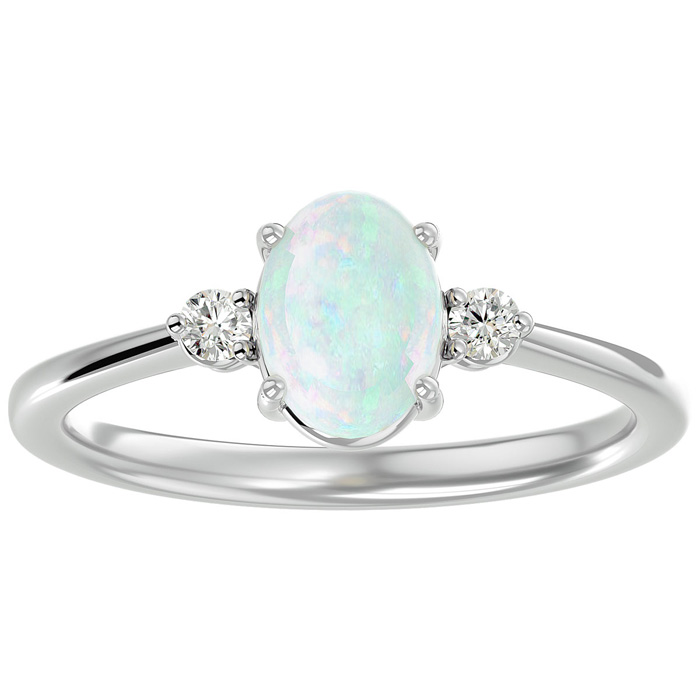 1 1/3 Carat Oval Shape Created Opal & Two 2 Diamond Ring In Sterling Silver, I-J, Size 4 By SuperJeweler