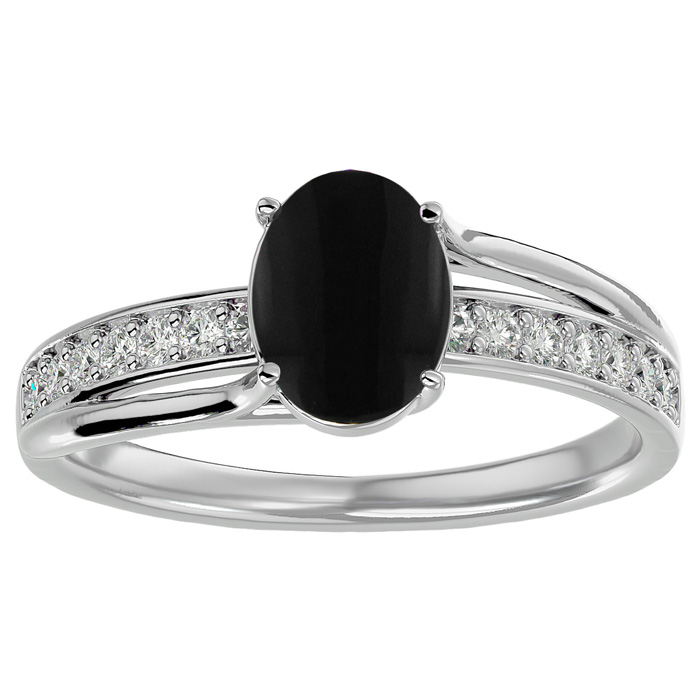1.5 Carat Oval Shape Black Onyx & 14 Diamond Ring In Sterling Silver, I-J, Size 4 By SuperJeweler