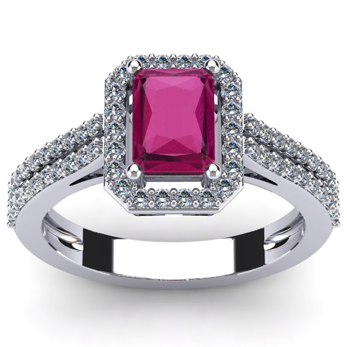 1.5 Carat Octagon Shape Created Ruby & Halo 56 Diamond Ring In Sterling Silver, I-J, Size 4 By SuperJeweler