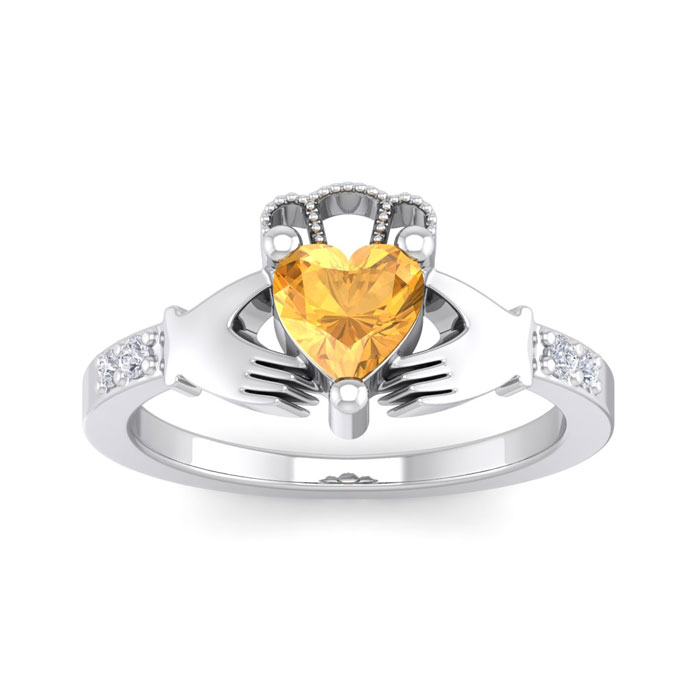 1 Carat Heart Shape Citrine & Diamond Claddagh Ring In Sterling Silver, I-J, Size 4 By SuperJeweler