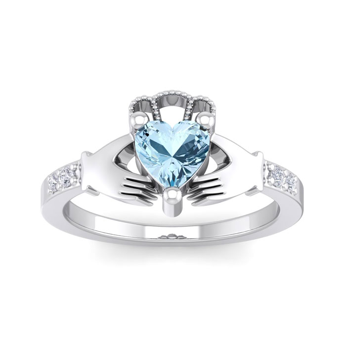 1 Carat Heart Shape Aquamarine & Diamond Claddagh Ring In Sterling Silver, I-J, Size 4 By SuperJeweler