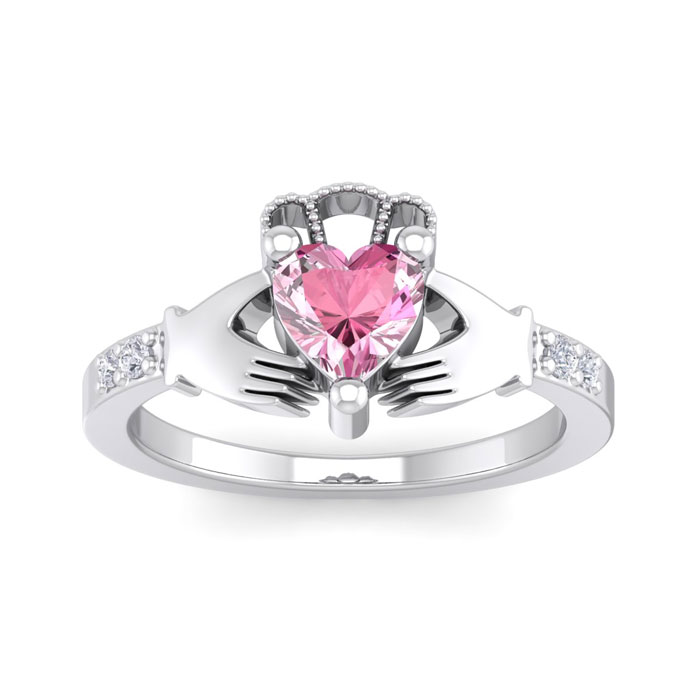 1 Carat Heart Shape Created Pink Sapphire & Diamond Claddagh Ring In Sterling Silver, I-J, Size 4 By SuperJeweler