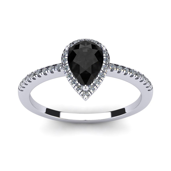 1 Carat Pear Shape Black Onyx & Halo 36 Diamond Ring In Sterling Silver, I-J, Size 4 By SuperJeweler
