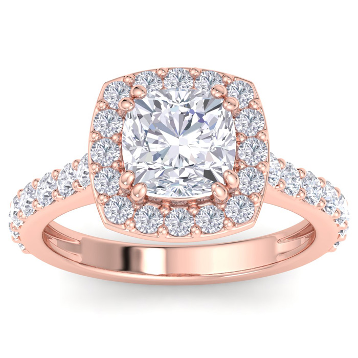 3 Carat Cushion Cut Lab Grown Diamond Halo Engagement Ring In 14K Rose Gold (5.3 G) (G-H, VS2) By SuperJeweler