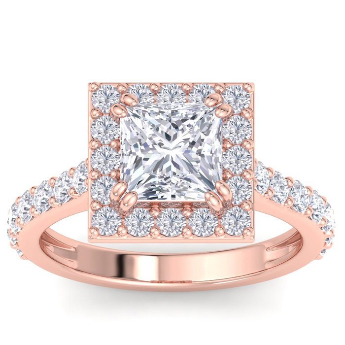3 Carat Princess Cut Lab Grown Diamond Halo Engagement Ring In 14K Rose Gold (5.3 G) (G-H, VS2) By SuperJeweler