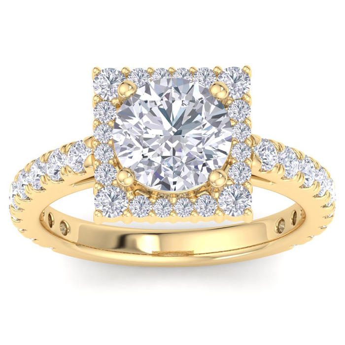 3 Carat Round Lab Grown Diamond Square Halo Engagement Ring In 14K Yellow Gold (4.9 G) (G-H, VS2) By SuperJeweler