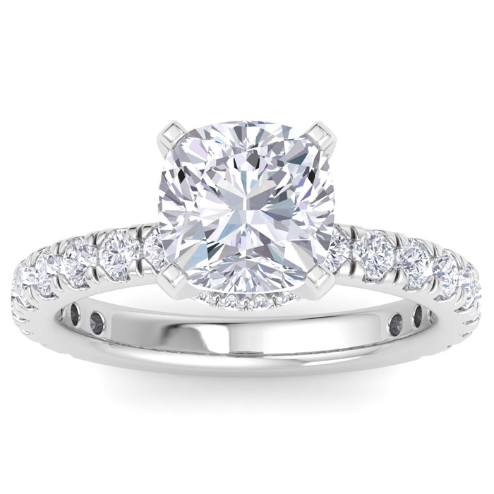 4 Carat Cushion Cut Lab Grown Diamond Hidden Halo Engagement Ring