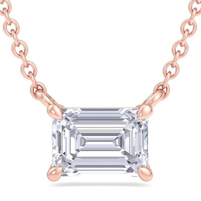 1 Carat Emerald Cut Lab Grown Diamond Solitaire Necklace In 14K Rose Gold (1.60 G) (G-H, VS2), 18 Inch Chain By SuperJeweler