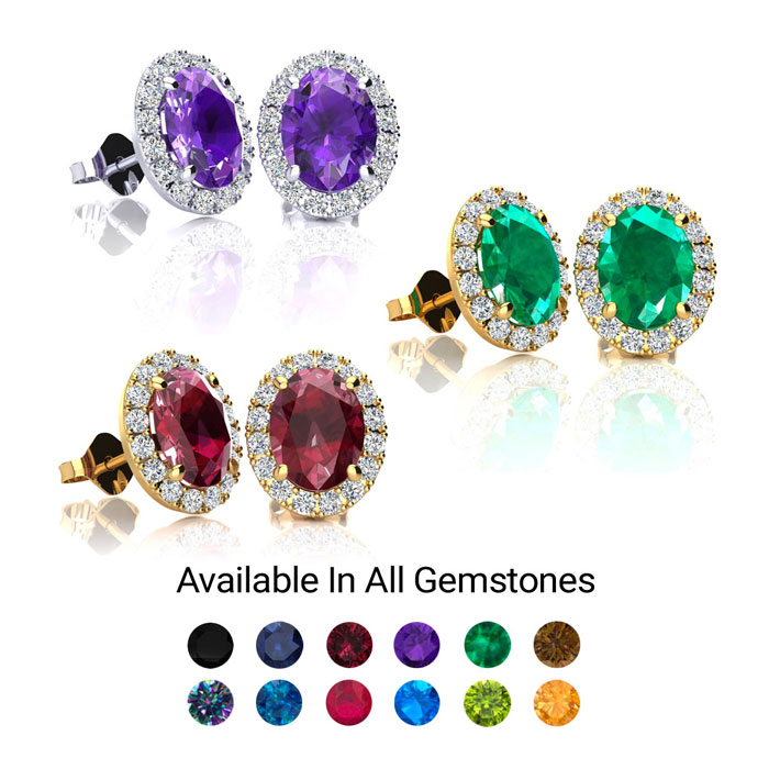 1 1/3 Carat Oval Shape Gemstone & Halo Diamond Stud Earrings in 14K White Gold Yellow Gold & Rose Gold by SuperJeweler