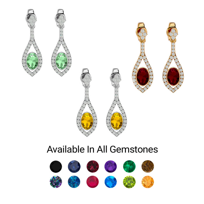 2.5 Carat Oval Shape Gemstone & Diamond Dangle Earrings in 14K White Gold (4 g) Yellow Gold (4 g) & Rose Gold (4 g) by SuperJeweler