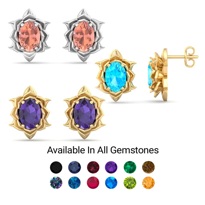 Gemstone 1.5 Carat Oval Shape Gemstone Ornate Stud Earrings in 14K White Gold (3.5 g) Yellow Gold (3.5 g) & Rose Gold (3.5 g) by SuperJeweler