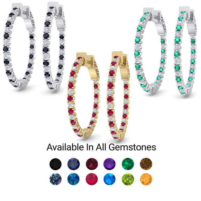 1 Carat Gemstone & Diamond Hoop Earrings in 14K White Gold (4 g) Yellow Gold (4 g) & Rose Gold (4 g) 3/4 Inch by SuperJeweler