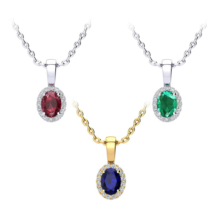 0.67 Carat Oval Shape Gemstone & Halo Diamond Necklace in 14K White Gold Yellow Gold & Rose Gold w/ 18 Inch Chain by SuperJeweler