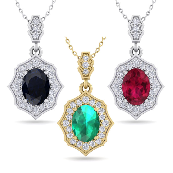 1 3/4 Carat Oval Shape Gemstone & Diamond Necklaces in 14K White Gold (2.60 g) Yellow Gold (2.60 g) & Rose Gold (2.60 g) 18 Inches by SuperJeweler