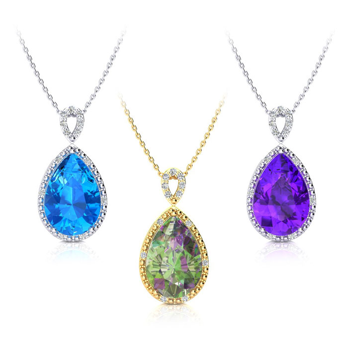 3 1/2 Carat Pear Shaped Gemstone & Diamond Necklace in White Gold (2.40 g) Gold (2.40 g) & Rose Gold (2.40 g) 18 Inch Chain by SuperJeweler