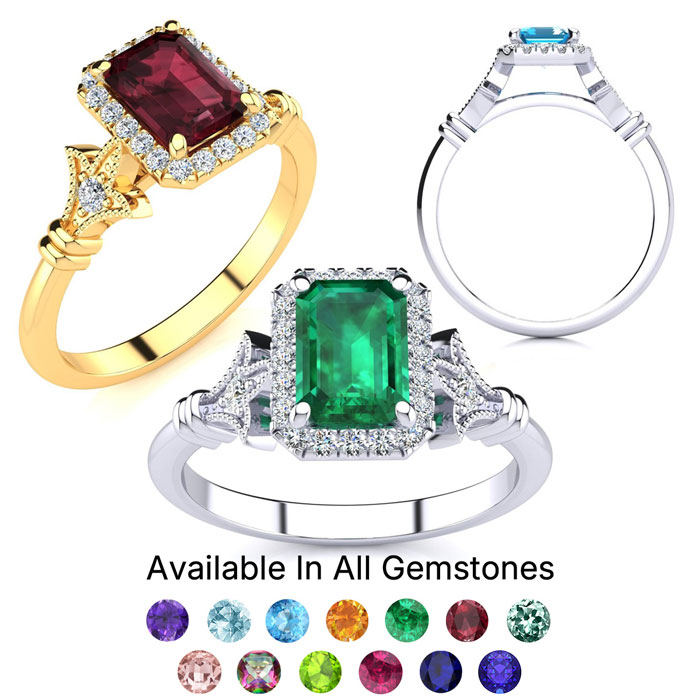 1.5 Carat Gemstone & Halo Diamond Vintage Rings in 14K White Gold (3.8 g) Yellow Gold (3.8 g) & Rose Gold (3.8 g) by SuperJeweler