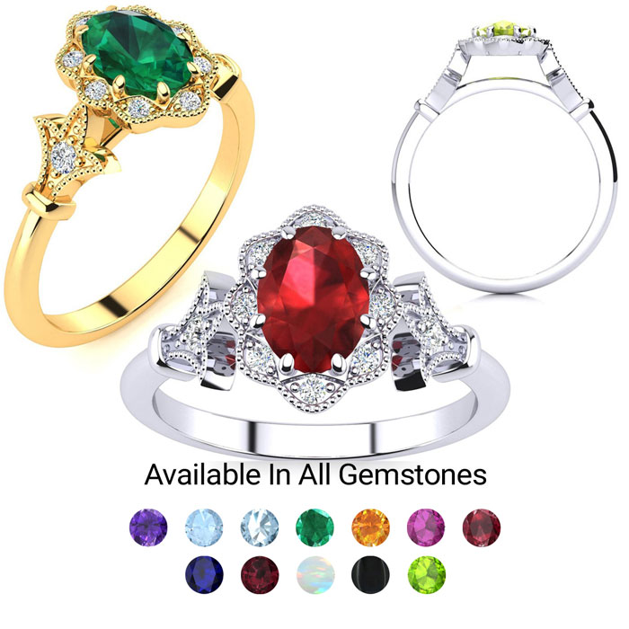 1 Carat Oval Shape Gemstone & Halo Diamond Vintage Ring in 14K White Gold (3.9 g) Yellow Gold (3.9 g) & Rose Gold (3.9 g) by SuperJeweler