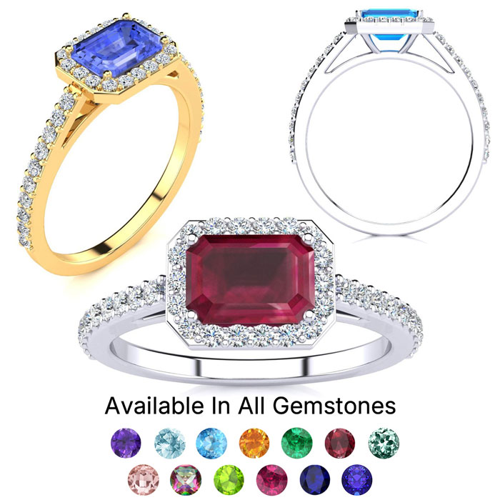 1.5 Carat Gemstone & Halo 42 Diamond Rings in 14K White Gold (2.8 g) Yellow Gold (2.8 g) & Rose Gold (2.8 g) by SuperJeweler