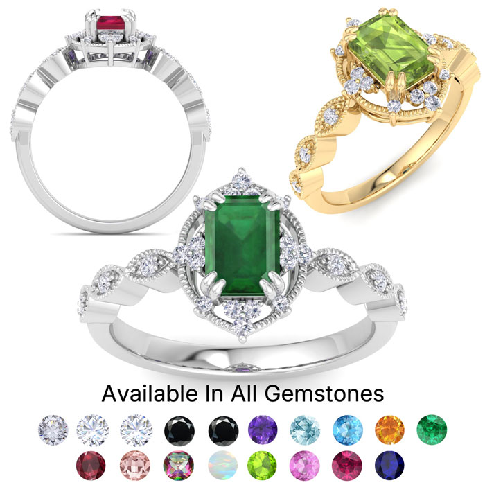 Gemstone Rings 1 Carat Gemstone & Halo 22 Diamond Rings in 14K White Gold (3 g) Yellow Gold (3 g) & Rose Gold (3 g) by SuperJeweler