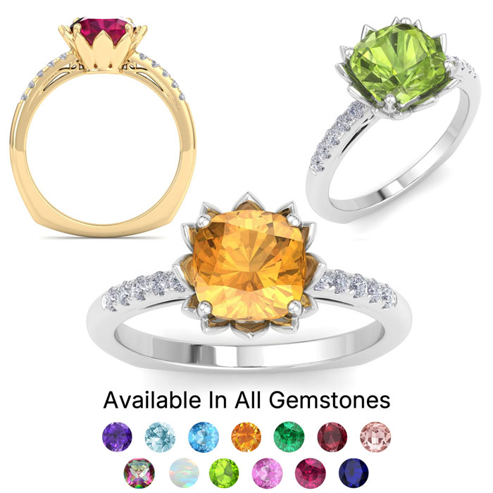 1.5 Carat Cushion Cut Gemstone & 10 Diamond Rings in 14K White Gold (3.5 g) Yellow Gold (3.5 g) & Rose Gold (3.5 g) by SuperJeweler