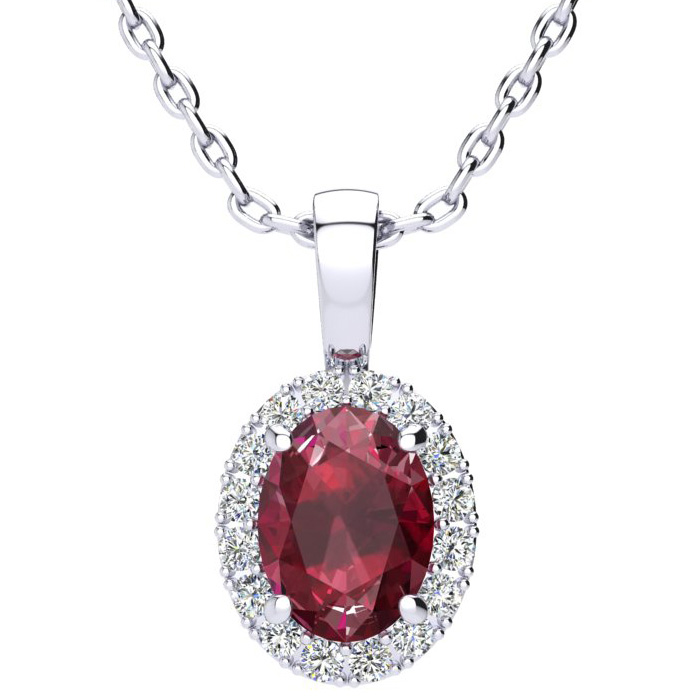 1.25 Carat Oval Shape Ruby & Halo Diamond Necklace In Sterling Silver W/ 18 Inch Chain, I/J By SuperJeweler