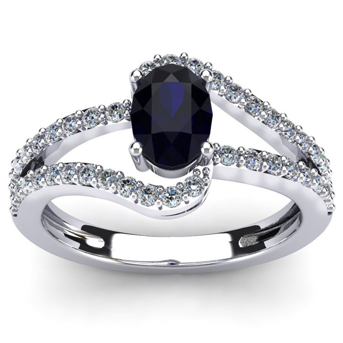 1.40 Carat Oval Shape Created Sapphire & Fancy 42 Diamond Ring In Sterling Silver, I-J, Size 4 By SuperJeweler