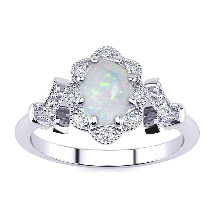 1 Carat Oval Shape Created Opal & Halo 10 Diamond Ring In Sterling Silver, I-J, Size 4 By SuperJeweler