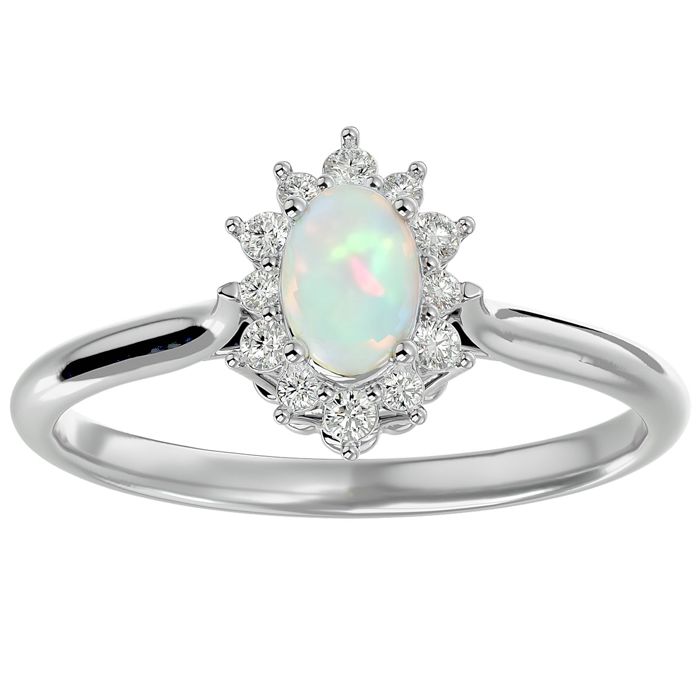 2/3 Carat Oval Shape Created Opal & Halo 12 Diamond Ring In Sterling Silver, I-J, Size 4 By SuperJeweler