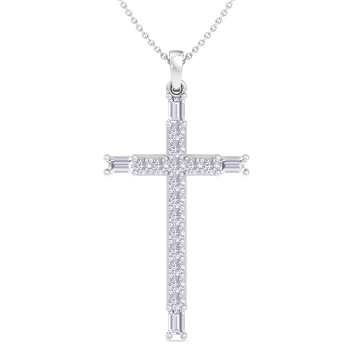 ThyDiamondâ¢ 3/4 Carat Baguette & Round Diamond Cross Necklace In 14K White Gold (3 G), 18 Inches (I-J, I1-I2)