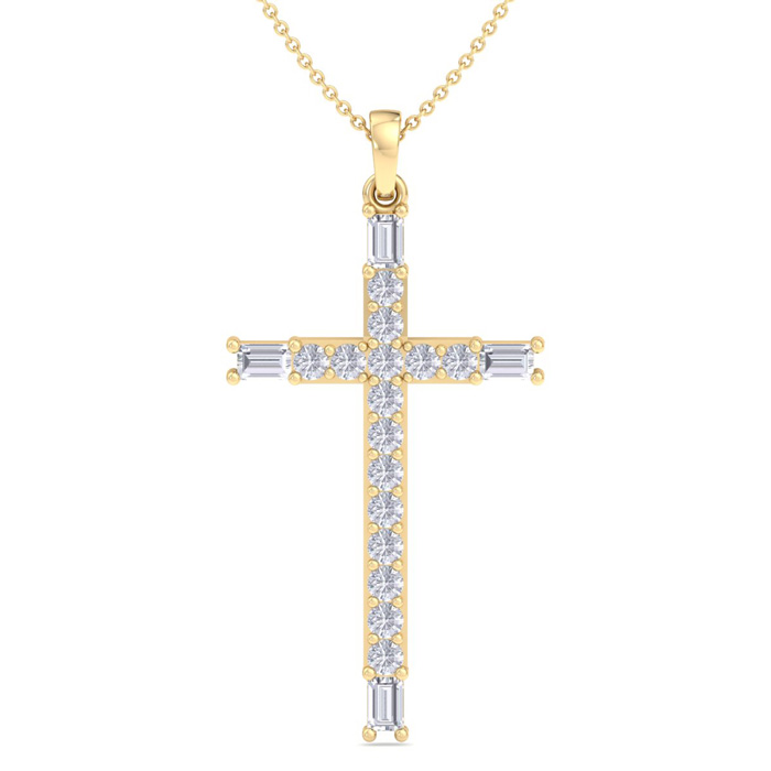 ThyDiamondâ¢ 3/4 Carat Baguette & Round Diamond Cross Necklace In 14K Yellow Gold (3 G), 18 Inches (I-J, I1-I2)