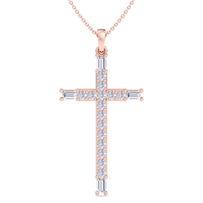 ThyDiamondâ¢ 3/4 Carat Baguette & Round Diamond Cross Necklace In 14K Rose Gold (3 G), 18 Inches (I-J, I1-I2)