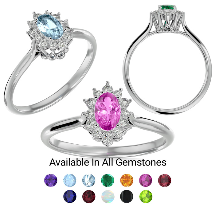 2/3 Carat Oval Shape Gemstone & Halo 12 Diamond Ring In Sterling Silver, I-J, Size 10 By SuperJeweler