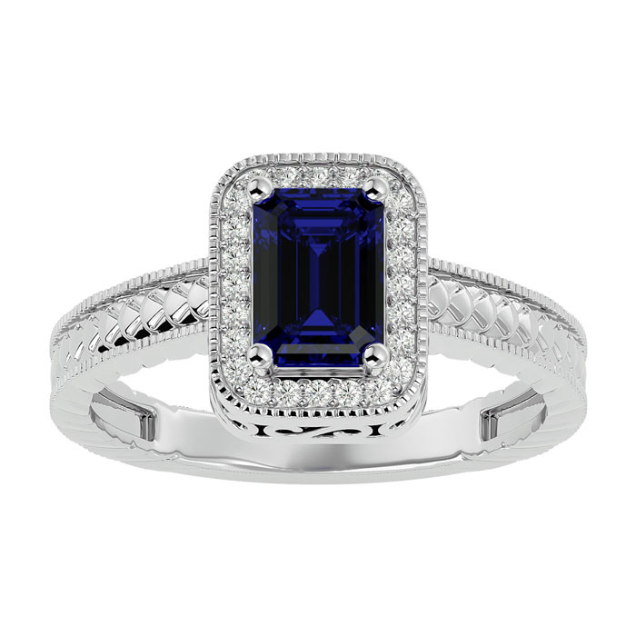 1.12 Carat Antique Style Sapphire & Diamond Ring in White Gold (3.20 g),  by SuperJeweler