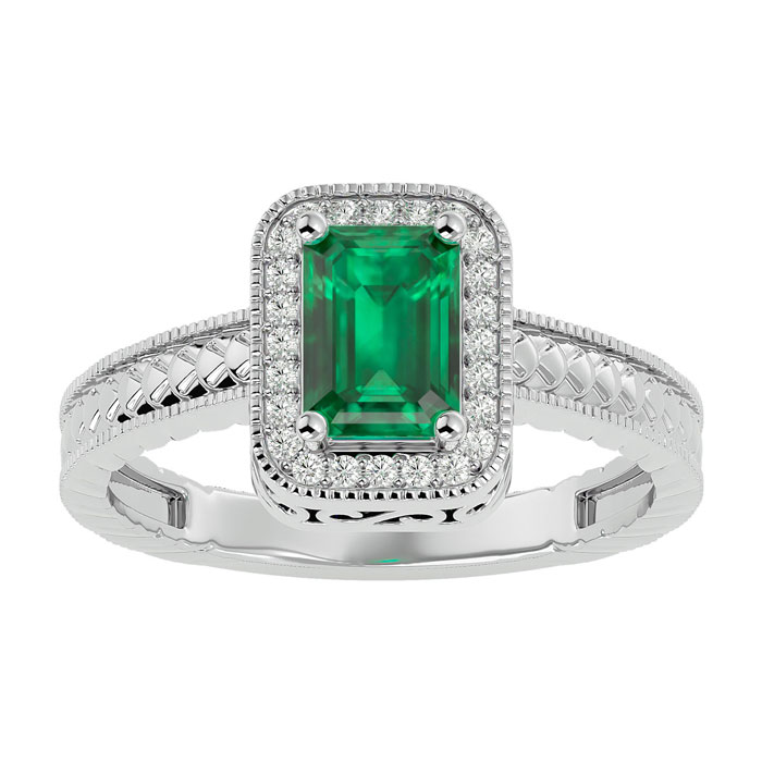 1.12 Carat Antique Style Emerald Cut & Diamond Ring in White Gold (3.20 g),  by SuperJeweler