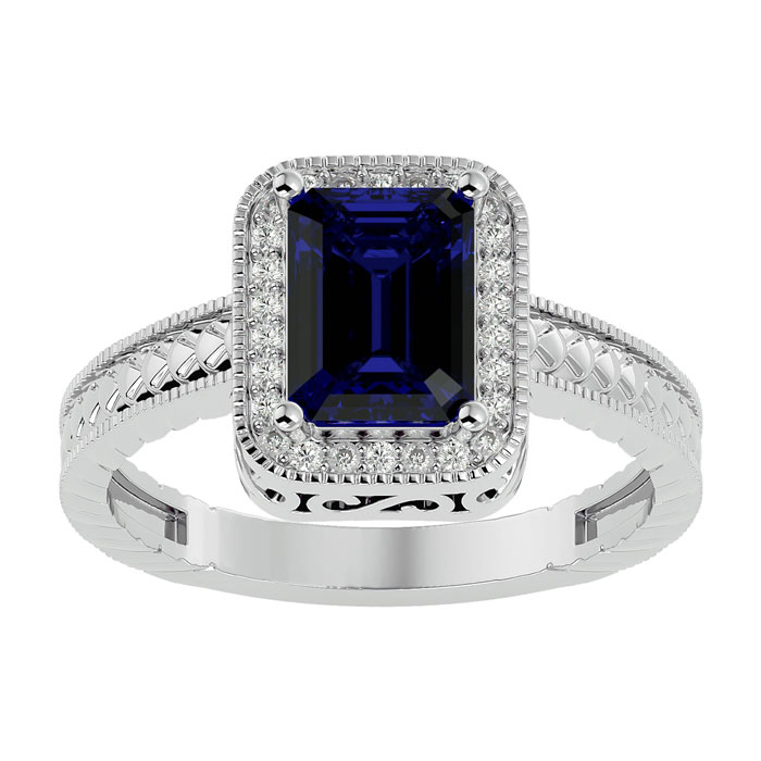 2 Carat Antique Style Sapphire & Diamond Ring in 14K White Gold (3 g),  by SuperJeweler