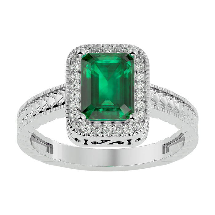 2 Carat Antique Style Emerald Cut & Diamond Ring in 14K White Gold (3 g),  by SuperJeweler